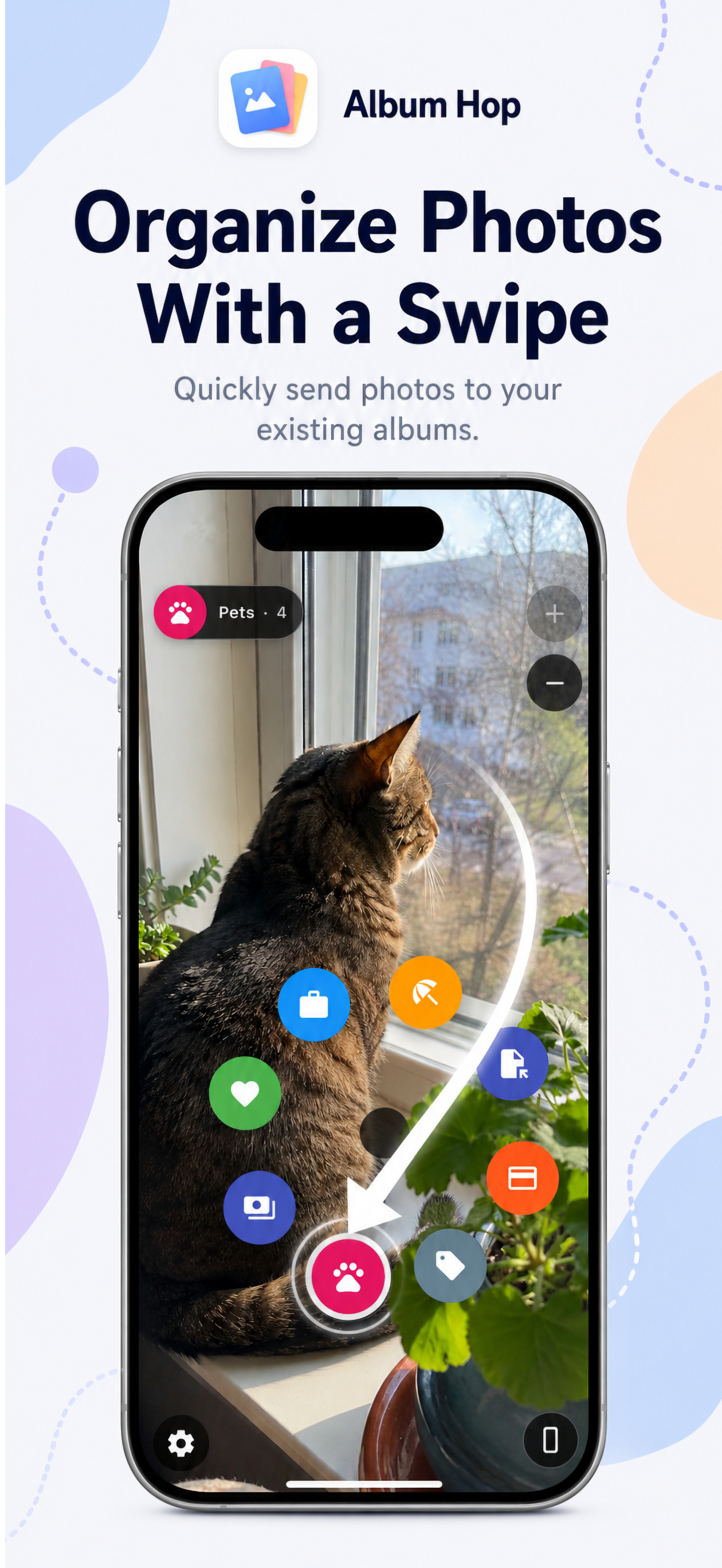 Album Hop app screenshot showing swipe-based photo organization on iPhone
